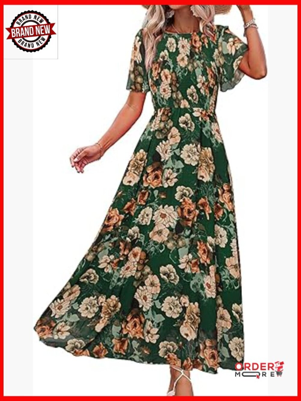 Boho Floral Maxi Dress Smocked Chiffon Short Sleeve Casual Wedding Guest